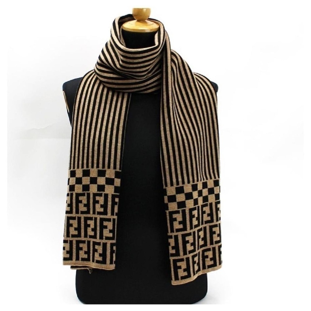 FENDI Zucca Print Wool 100% Scarf Beige Black